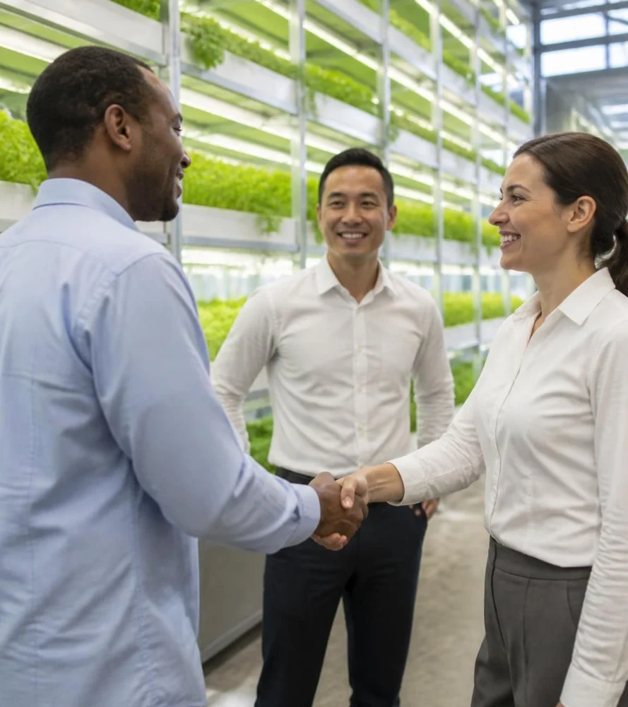 Concept visualization of researchers meeting in a growing facility