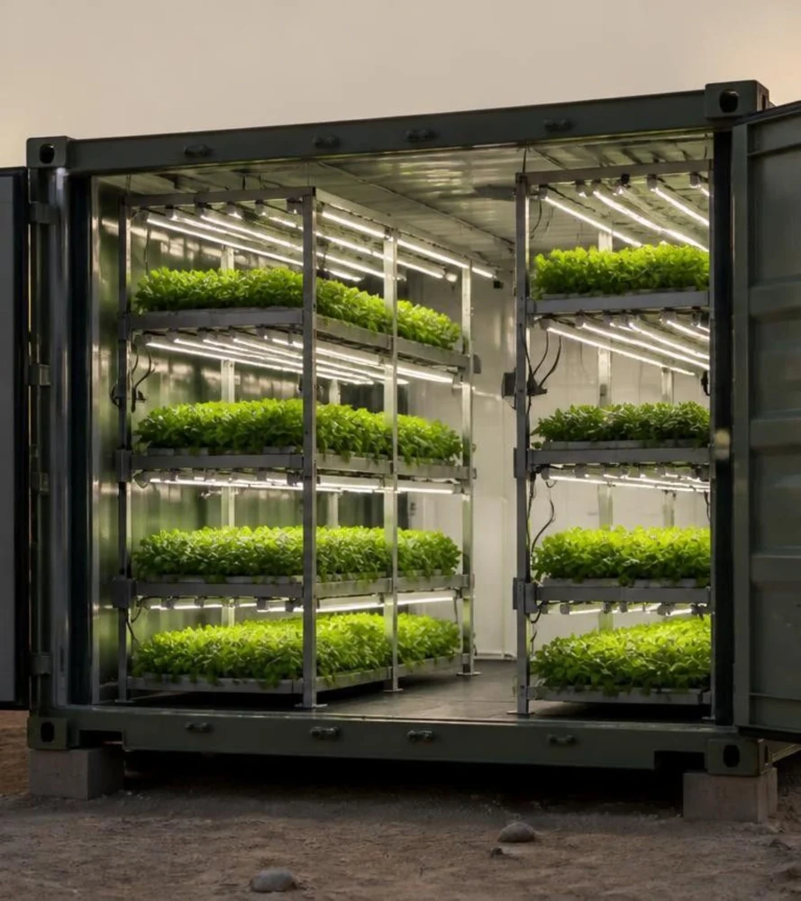 Concept visualization of an open container growing rack system